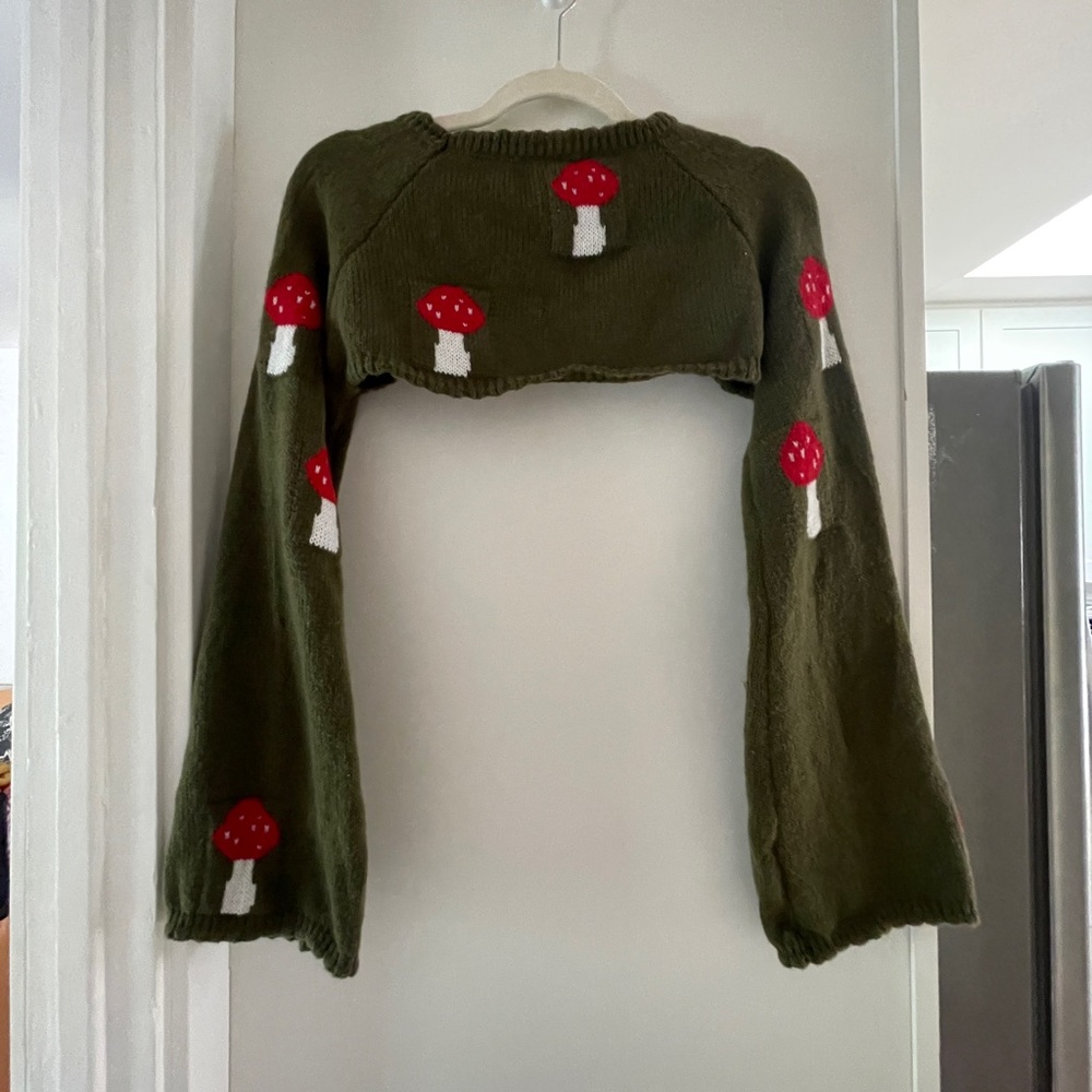 Chic Olive Sweater with Red Mushroom Accents